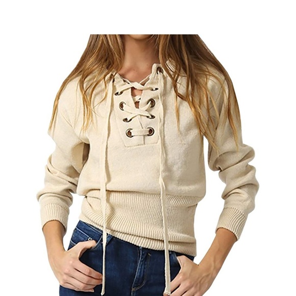 ELEANOR Cream Lace Up Knit Pullover Sweater - Picture 5 of 6